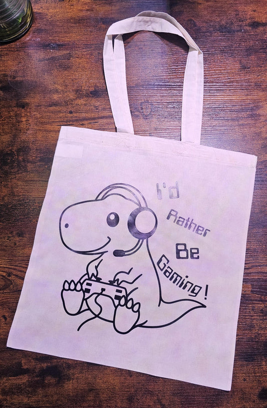 I'd Rather Be Gaming Dinosaur 100% Cotton Tote Bag